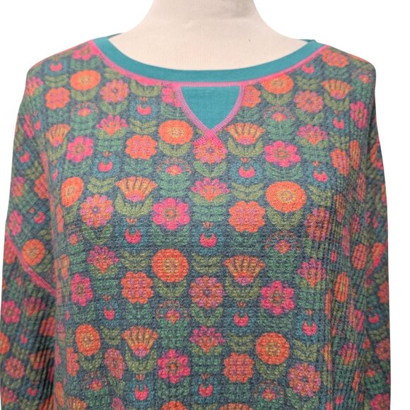Natural Life Womens Sz S Turquoise Floral Bouquet Waffle Knit Thermal Lounge Top - Picture 5 of 8